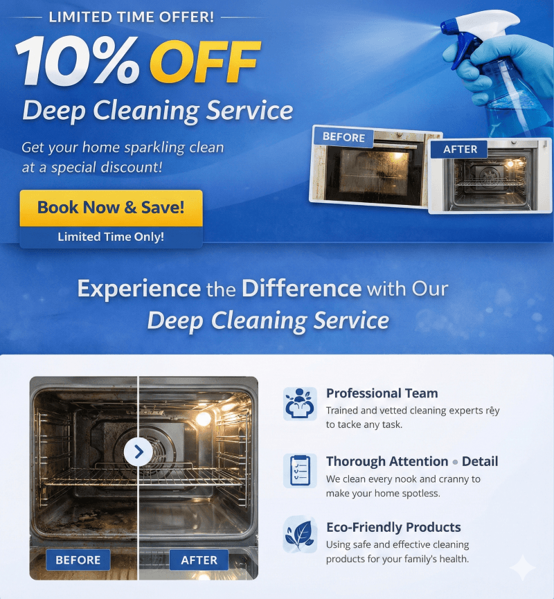 Before and after oven deep cleaning service showing 10% off offer - Bantha Cleaning Hampshire & Surrey